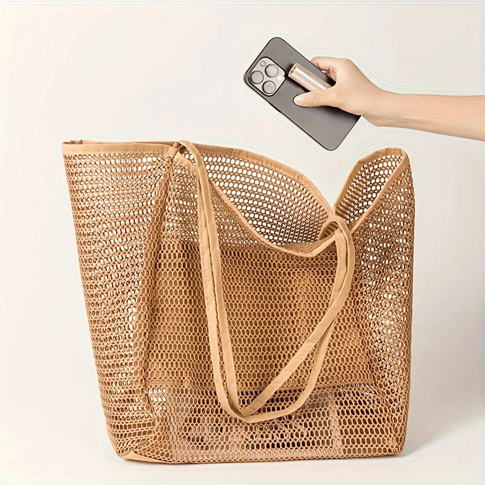 1pc Large Capacity Beach Bag Mesh Women's Single-shoulder Bag Foldable Travel Storage Bag Portable Shopping Bag Toiletry Bag