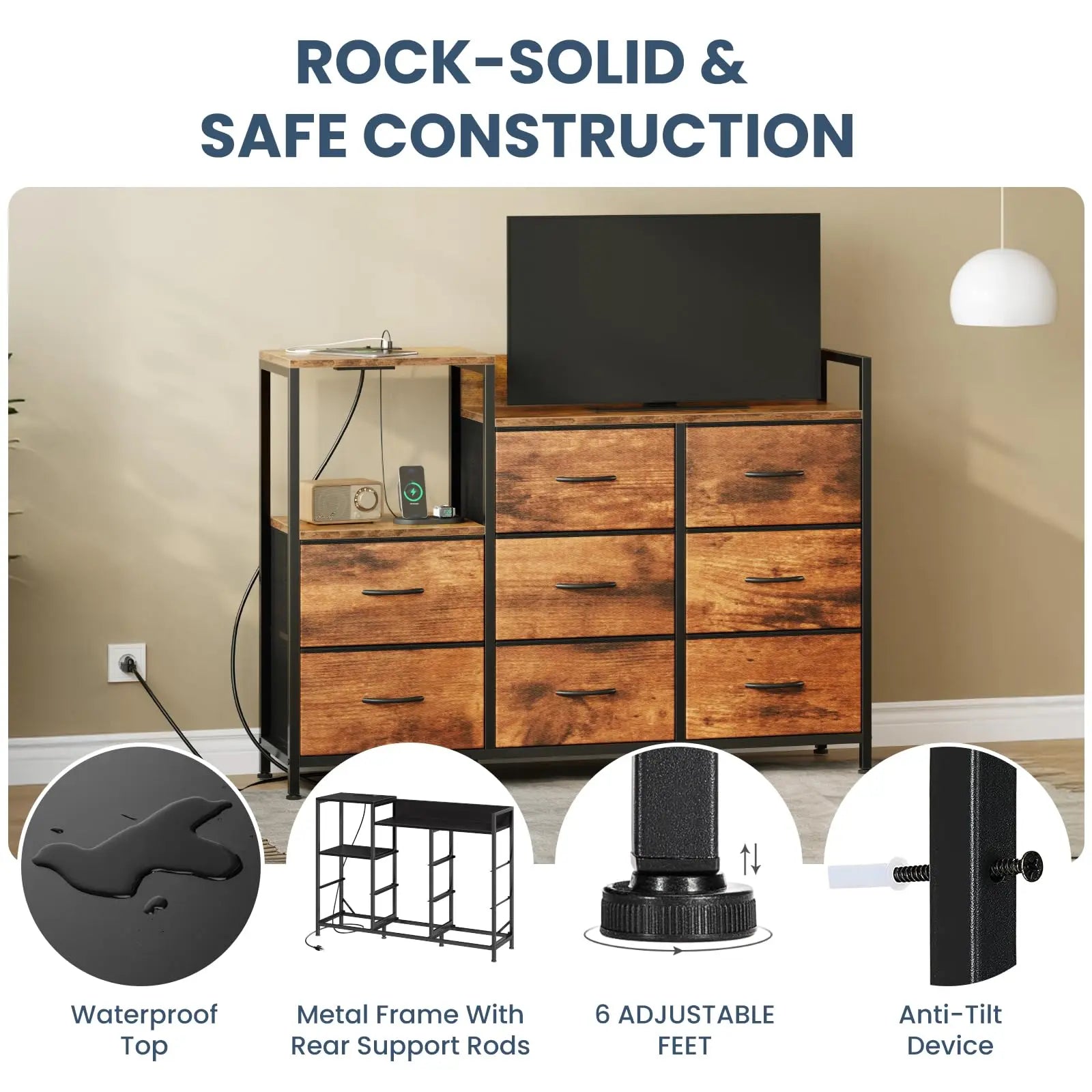 JHK Cabinet With 8 Fabric Drawers TV Stand Metal Frame With Charging Station Entertainment Center TV Storage Display Furniture