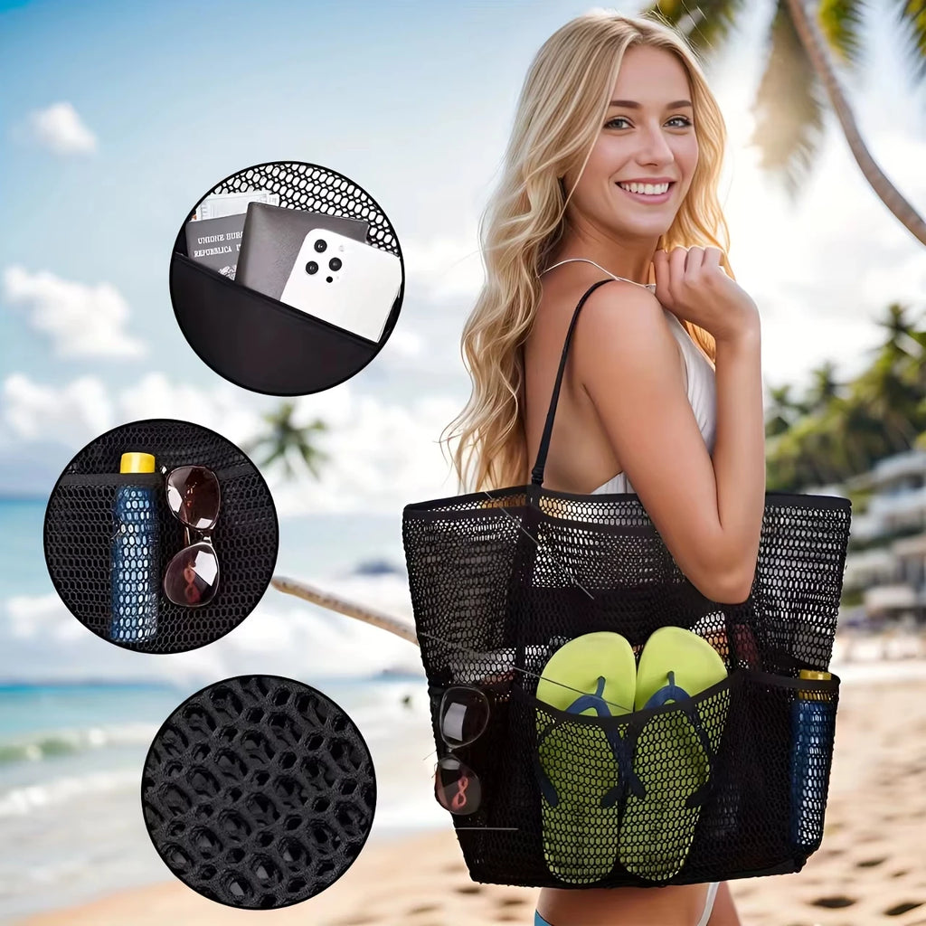 1pc Large Capacity Beach Bag Mesh Women's Single-shoulder Bag Foldable Travel Storage Bag Portable Shopping Bag Toiletry Bag