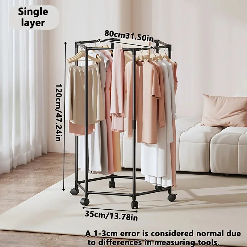 Mobile Metal Coat Rack with Wheels, Space Saving Clothes Drying Hanger Stand for Balcony Living Room Home