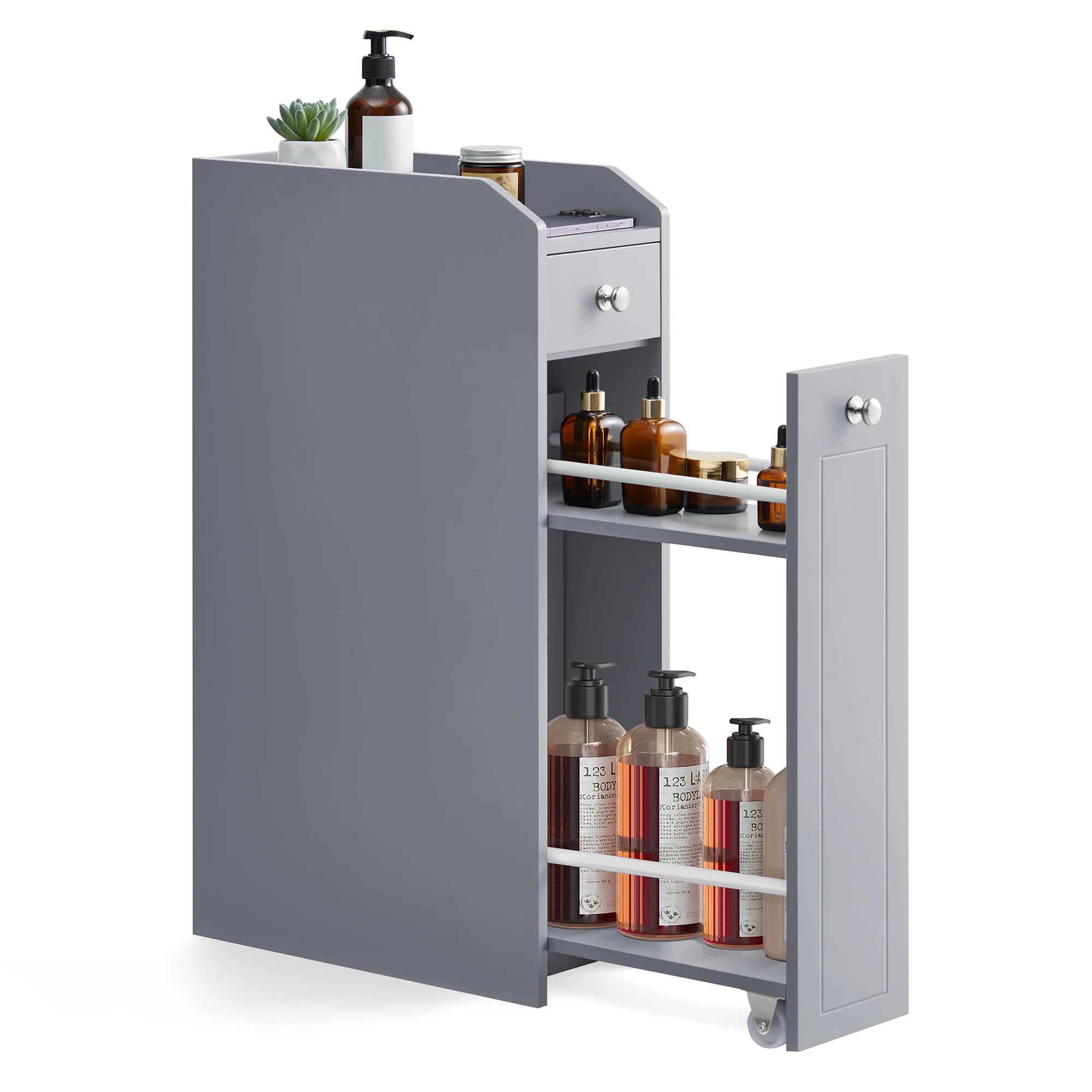 VASAGLE Slim Storage Cabinet, Narrow Storage Organizer with Slide Out Drawers, Freestanding Toilet Paper Holder, Small Space Ski