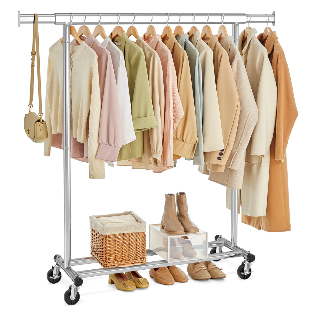 SONGMICS Clothes Rack with Wheels, Heavy-Duty Clothing Rack for Hanging Clothes, Portable, 17.7 x (36.2-52) x 63.6 Inches, with