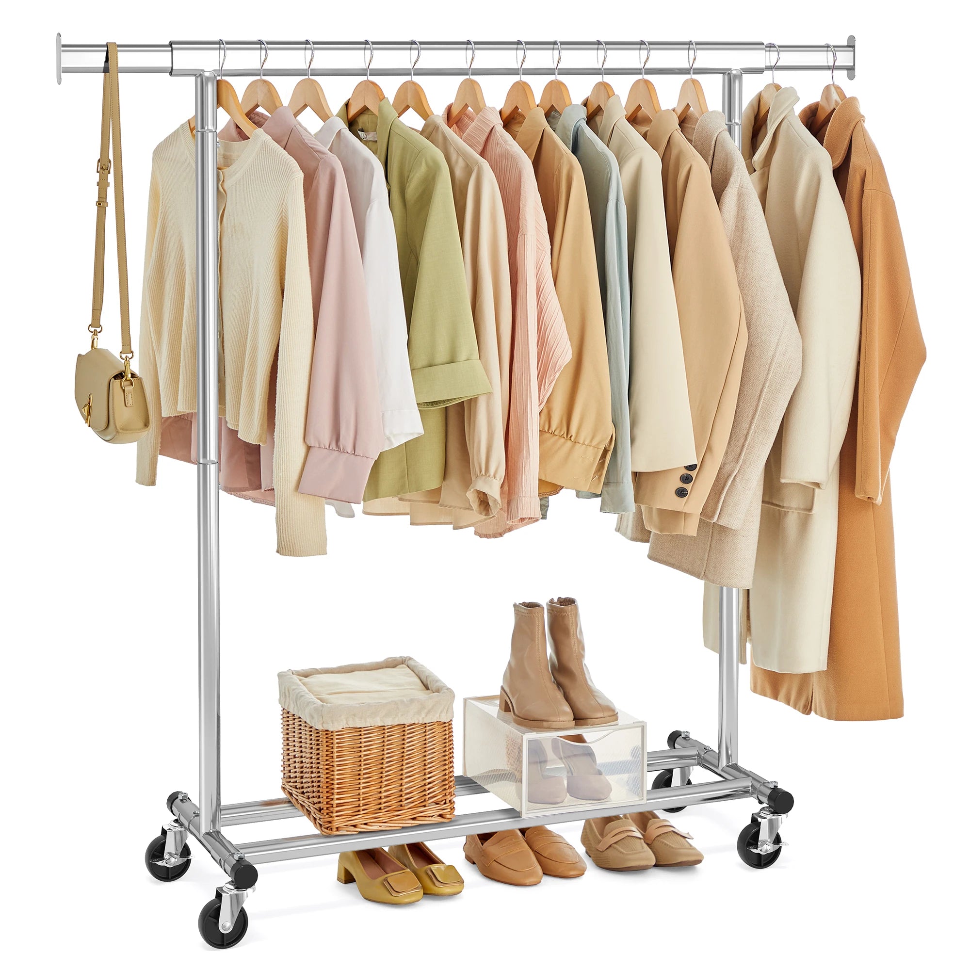 SONGMICS Clothes Rack with Wheels, Heavy-Duty Clothing Rack for Hanging Clothes, Portable, 17.7 x (36.2-52) x 63.6 Inches, with