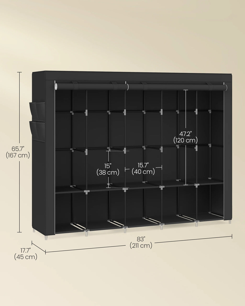 SONGMICS Portable Closet, Wardrobe Closet Organizer with Cover, 5 Hanging Rods and Shelves, 4 Side Pockets, 17.7 x 83 x 65.7 Inc