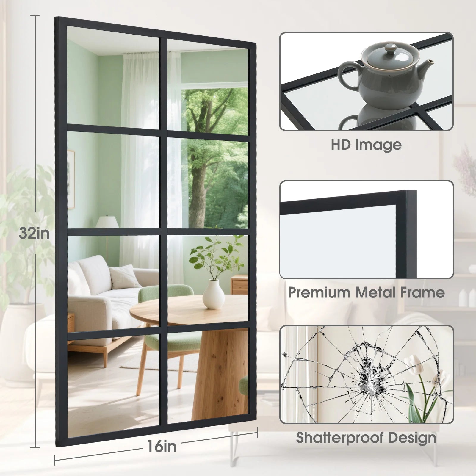 JHK Standing Hanging Full Body Wall Mirror Rectangle Window Pane Decorative Mirror Metal Framed Mirror for Bathroom Living Room