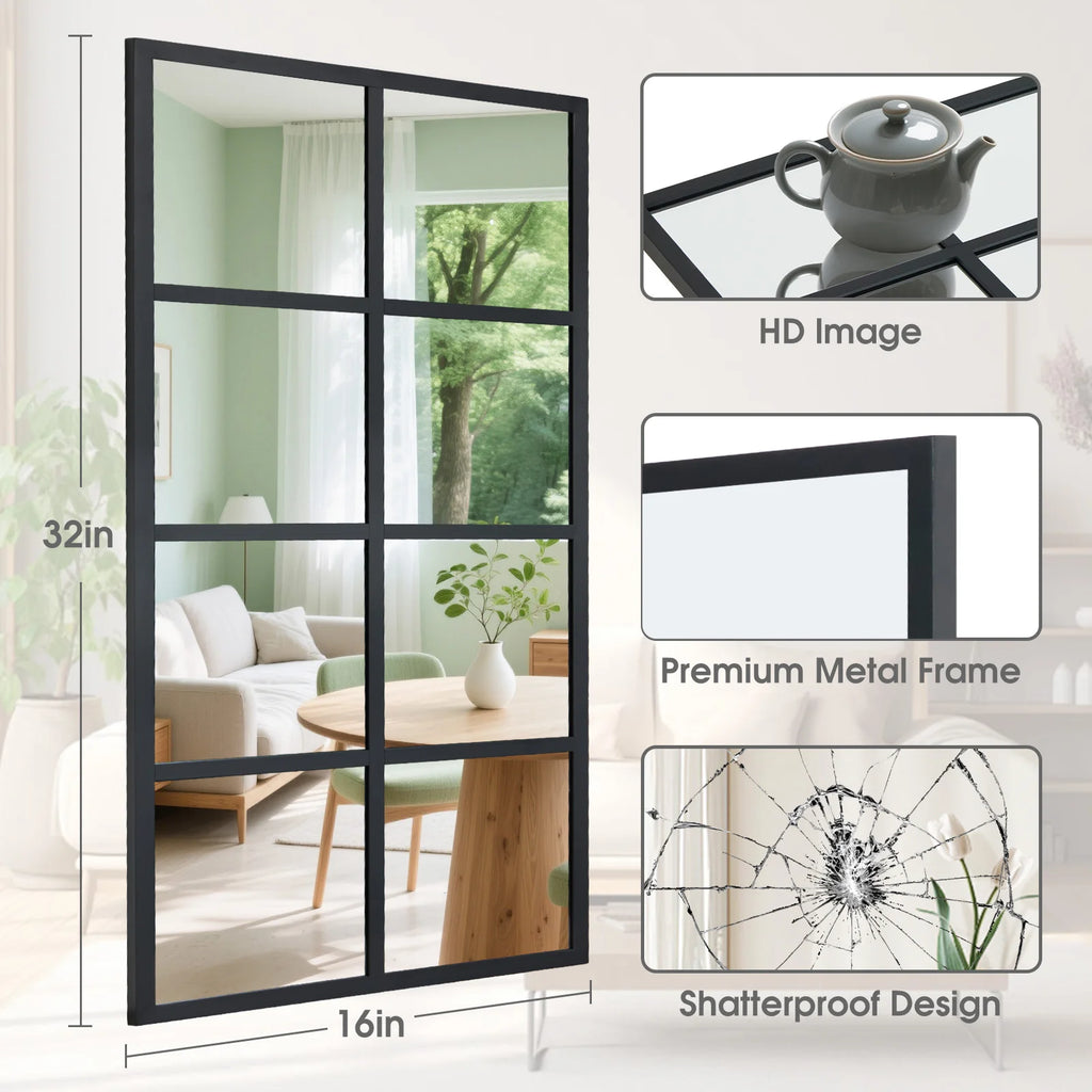 JHK 16" x 32"  Set of 2 Standing Hanging Full Body Wall Mirror Rectangle Window Pane Decorative Mirror Metal Framed Mirror