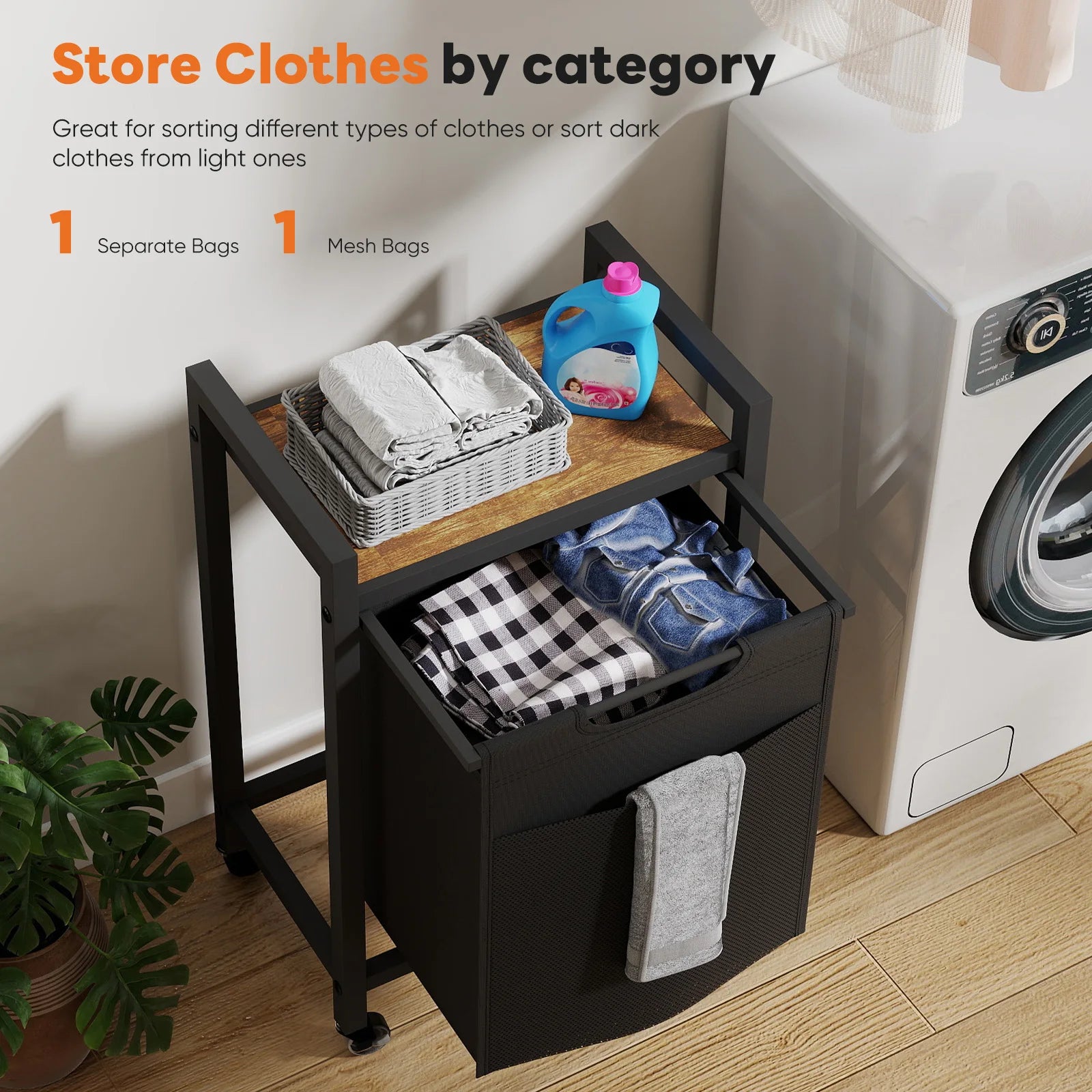 JHK 20IN Cabinets with Movable Wheels Metal Frame and 69L Pull-Out Removable Sorter Bags Clothes Basket Organizer for Furniture
