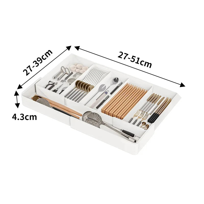 1pc Kitchen Drawer Retractable Storage Box Large-capacity Partitioning Storage Tray Home Tableware Knife Spoon Organizing Box