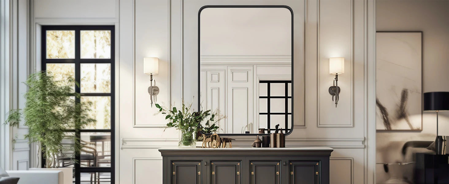 JHK 24x36 Inch Large Rectangle Vanity Framed Mirror for Wall Matte Metal Framed Modern Mirror Tempered Glass For Living Room