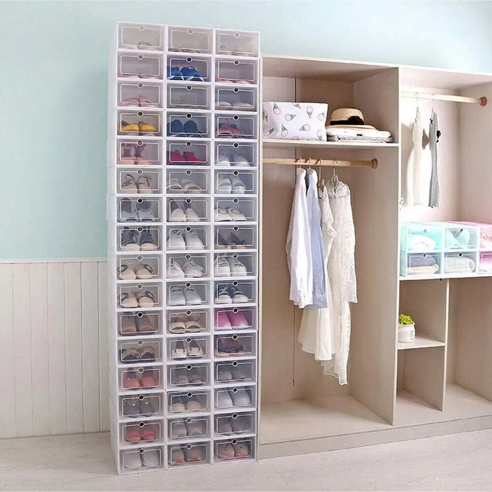 20/24PCS Foldable Flip Shoe Boxes Set Clear Plastic Stackable Storage Containers Home Organizer 33x23x14cm - Shoe Rack Case
