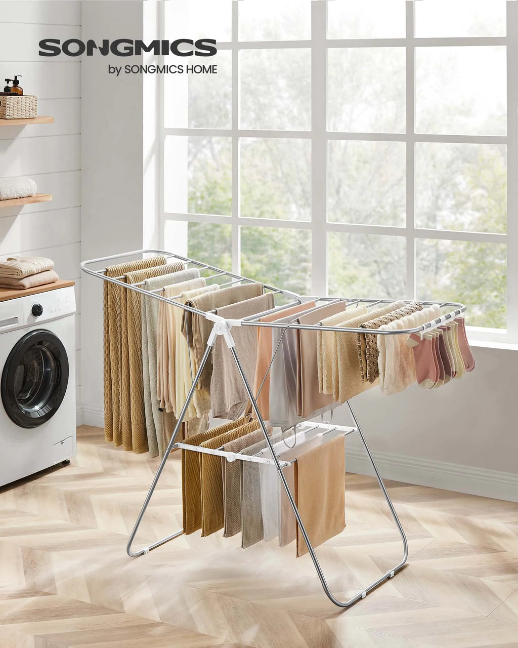 SONGMICS Clothes Drying Rack, with Sock Clips, Metal Laundry Rack, Foldable, Space-Saving, Free-Standing Airer, with 2 Height-Ad