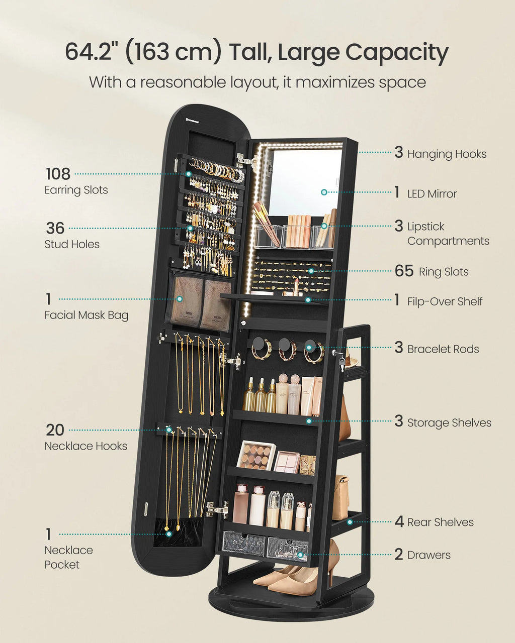 SONGMICS LED Jewelry Cabinet, 360° Swivel Jewelry Organizer, Lockable Mirror Jewelry Cabinet Standing, Interior Mirror