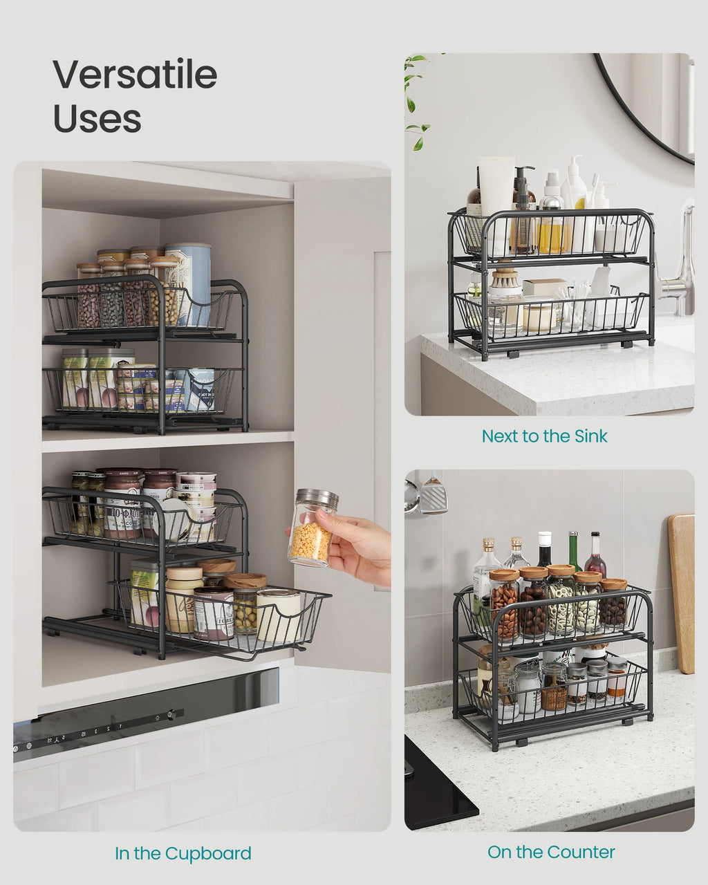 SONGMICS 2-Tier Pull Out Cabinet Organizers, Under Sink Organizer, Bathroom Organizer and Storage, Sliding Basket Drawers, Stack