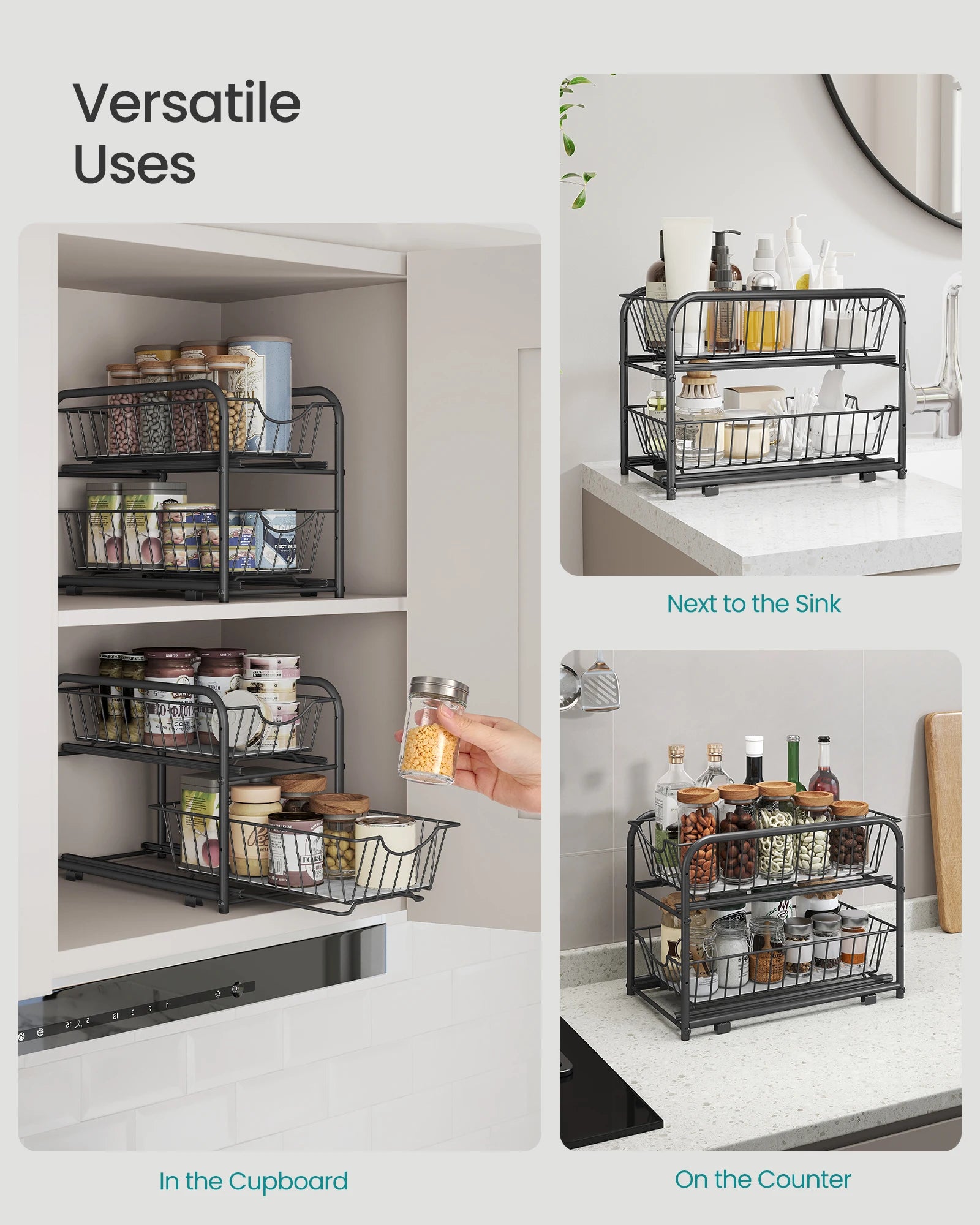 SONGMICS 2-Tier Pull Out Cabinet Organizers, Under Sink Organizer, Bathroom Organizer and Storage, Sliding Basket Drawers, Stack