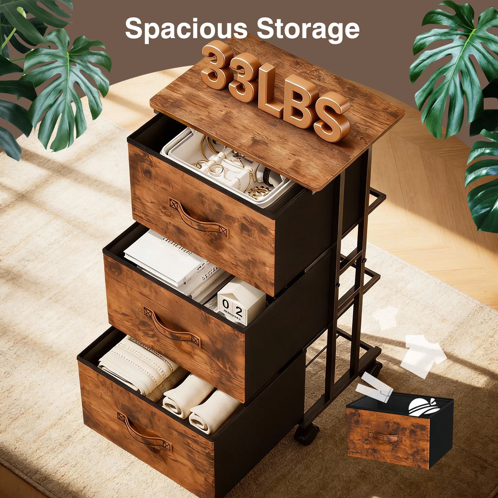 JHK 3 Foldable Fabric Drawers Cabinet For Living Room Wooden Top Movable Roller Beside Nightstand Tables With Steel Structure