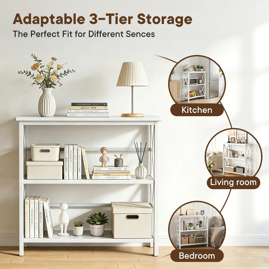 JHK 3 Tier Bookshelf with Wood Shelves Sturdy Wood Frame Heavy Duty X-Design Shelf Storage Organizer for Home Office
