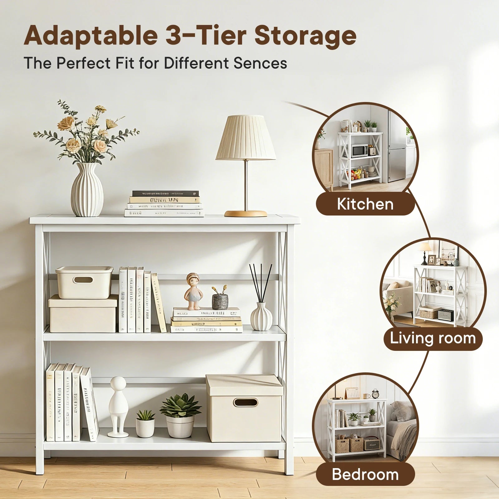 JHK 3 Tier Bookshelf with Wood Shelves Sturdy Wood Frame Heavy Duty X-Design Shelf Storage Organizer for Home Office