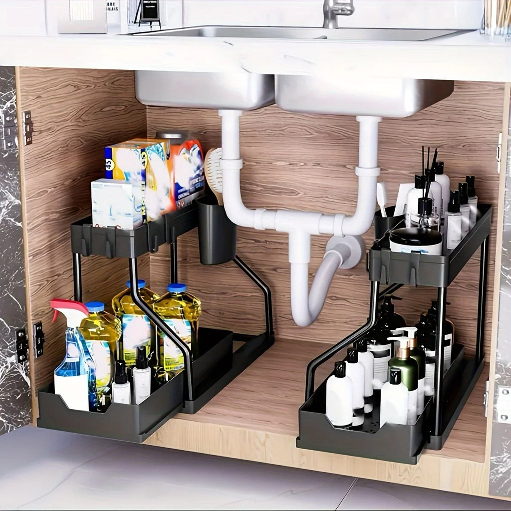 2 Tier Under Sink Organizer, Pull-Out Drawer Storage Rack, Multipurpose Kitchen Bathroom Shelf for Spice, Cosmetics, Toiletries