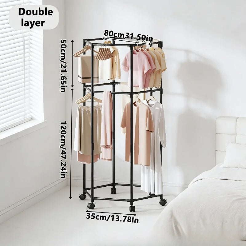 Mobile Metal Coat Rack with Wheels, Space Saving Clothes Drying Hanger Stand for Balcony Living Room Home