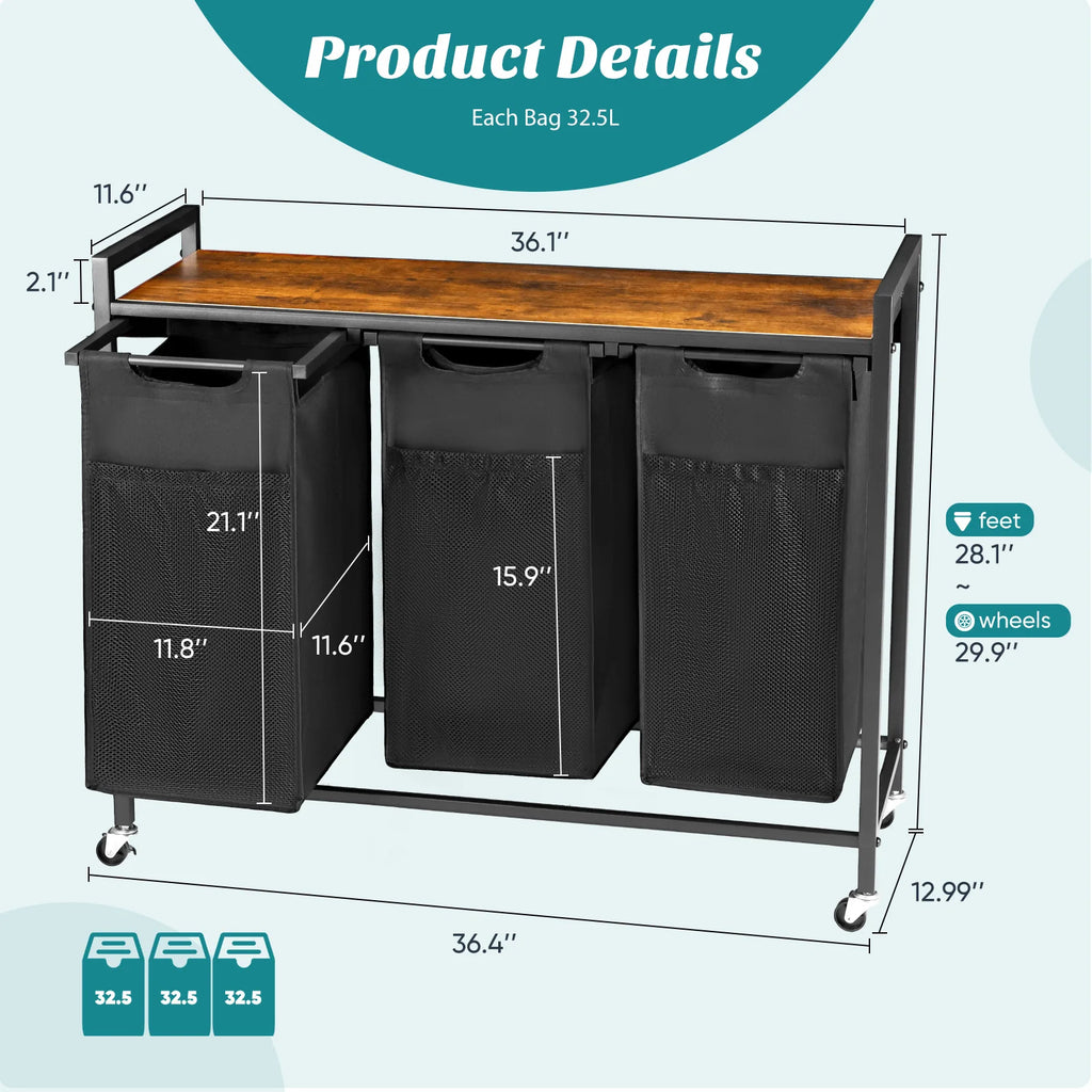 JHK 36IN Cabinets with Movable Wheels Metal Frame and Pull-Out Removable Sorter Bags Clothes Basket Organizer for Furniture