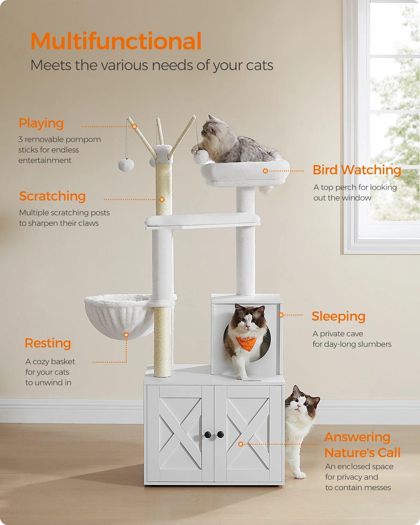 Feandrea Cat Tree with Litter Box Enclosure, 59-Inch Modern Cat Tower, 2-in-1 Condo with Scratching Posts, Washable Removable Cu