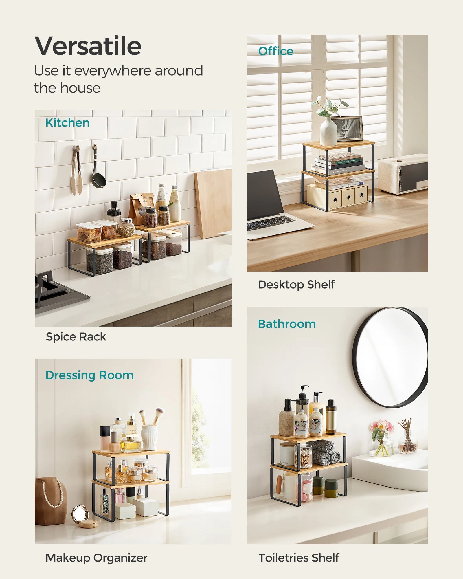 SONGMICS Cabinet Organizer Shelf, Set of 2 Kitchen Counter Shelves, Kitchen Storage, Spice Rack, Stackable, Expandable, Metal an