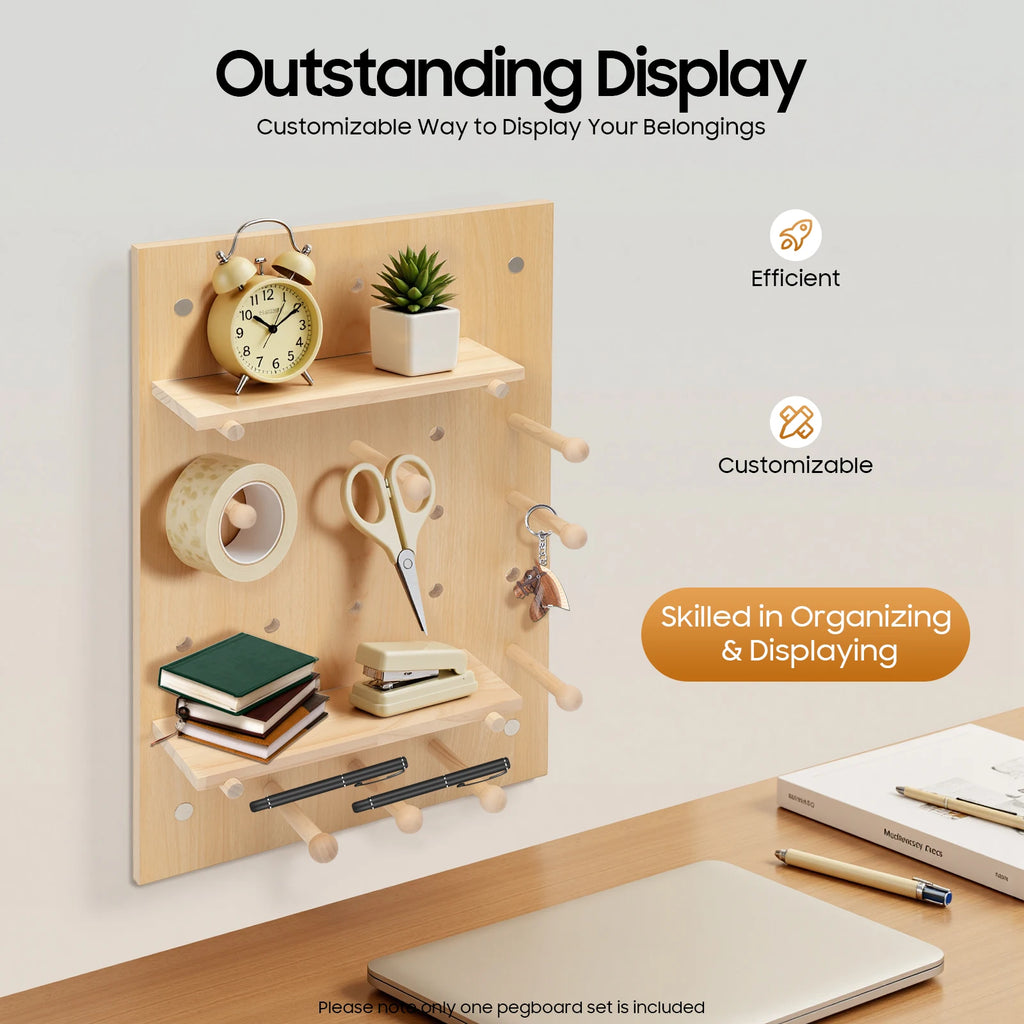 Wall Mount Wood Pegboard, Natural Wood Storage Display Shelf Wall Organizer, Kitchen Office DIY Tool Board Panel Rack Load 10kg