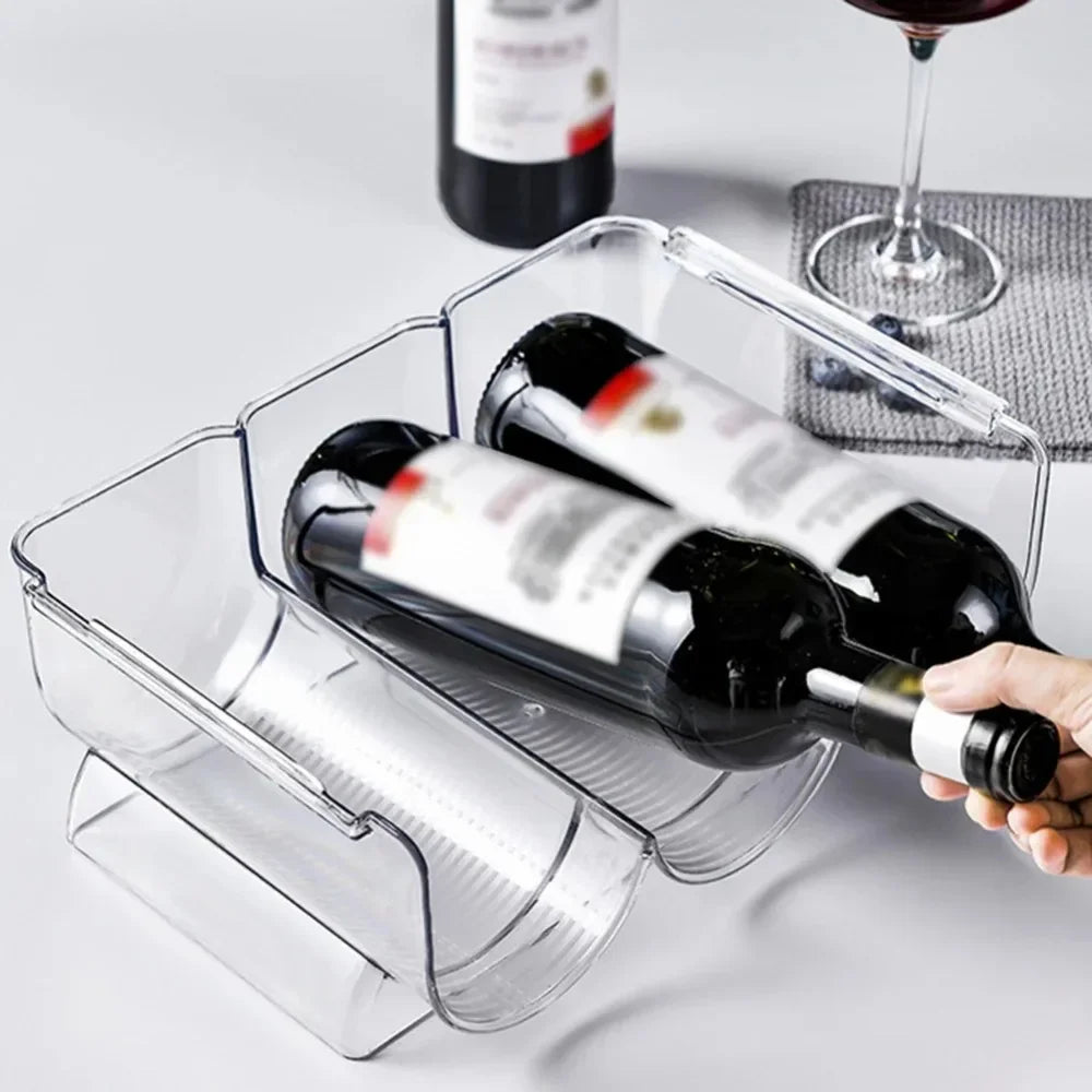 Clear Refrigerator Wine and Water Bottle Holder,  Stackable Plastic Wine Rack Storage Organizer for Fridge, Cabinet, Pantry