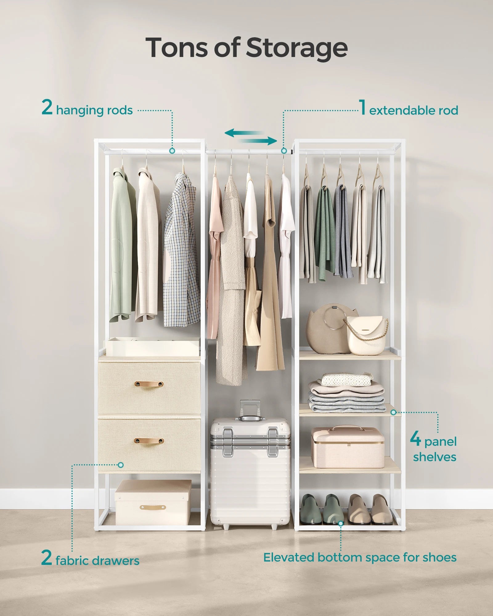 SONGMICS Clothes Rack, 70.9 Inch Wardrobe Freestanding Closet, Heavy Duty Garment Rack with 1 Extendable Hanging Rod, 2 Drawers