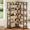 JHK 65 inch L Shaped Bookshelf 5 Tier Corner Bookcase with Hooks and Edge Metal Frame Wooden Open Storage for Living Room Home
