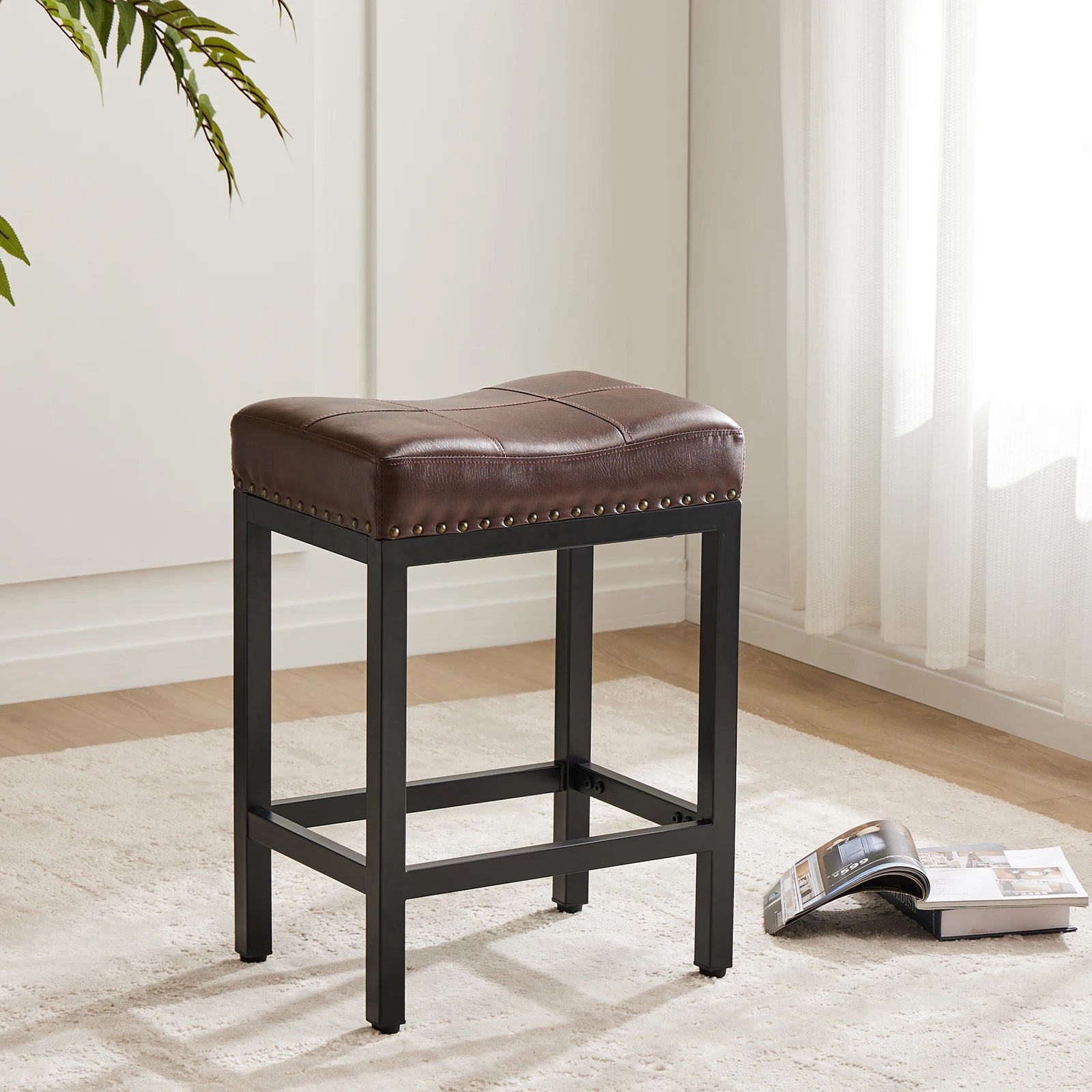 JHK Bar Stools Saddle-Style Pu Leather Upholstered Chair Counter Height Bar Stools with Metal Base Saddle Stools For Kitchen