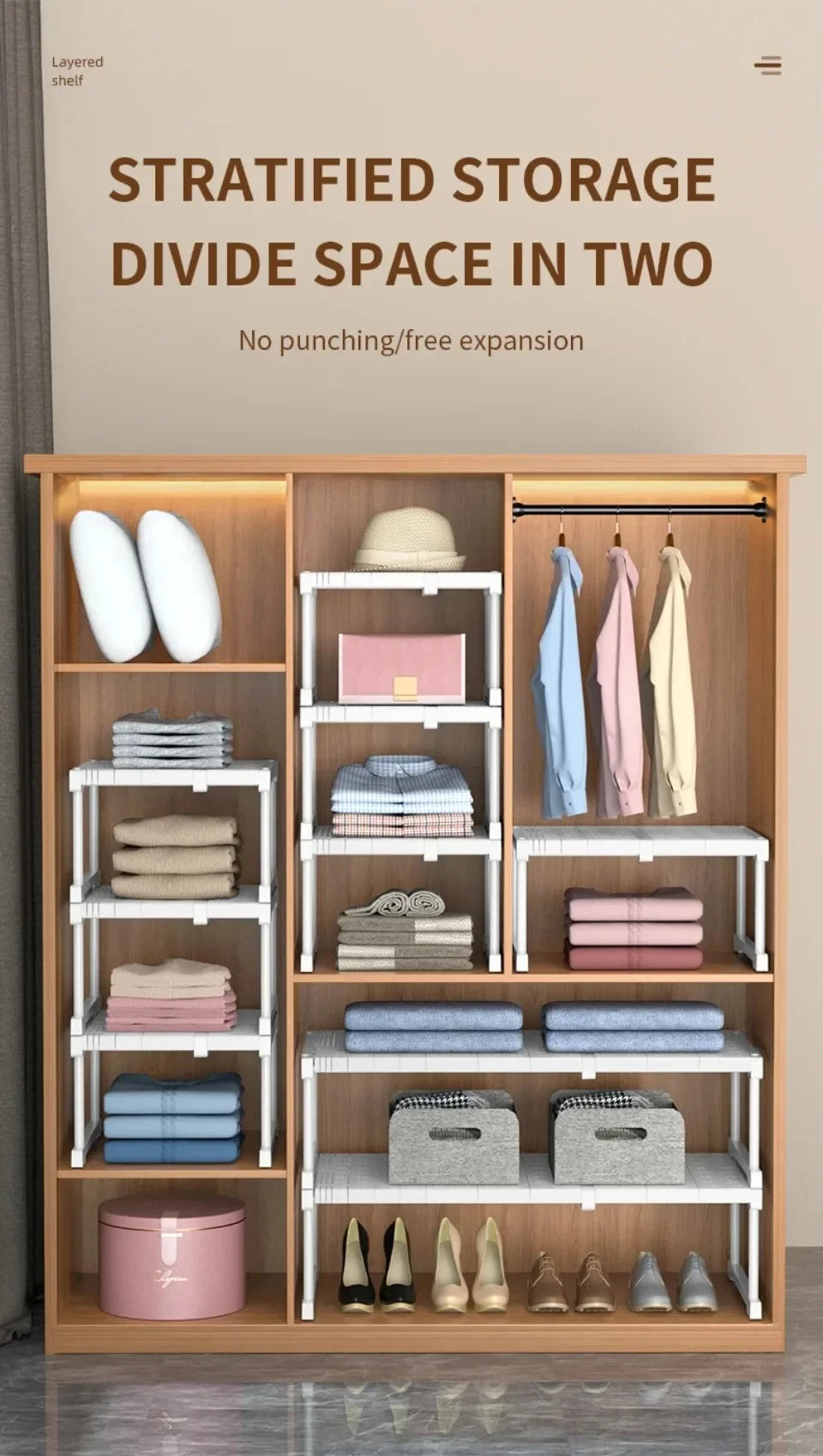 Closet Shelf Wardrobe Organizer Stackable Shelves Clother Storage Rack Telescopic Punch-Free Adjustable Wardrobe Divider Board