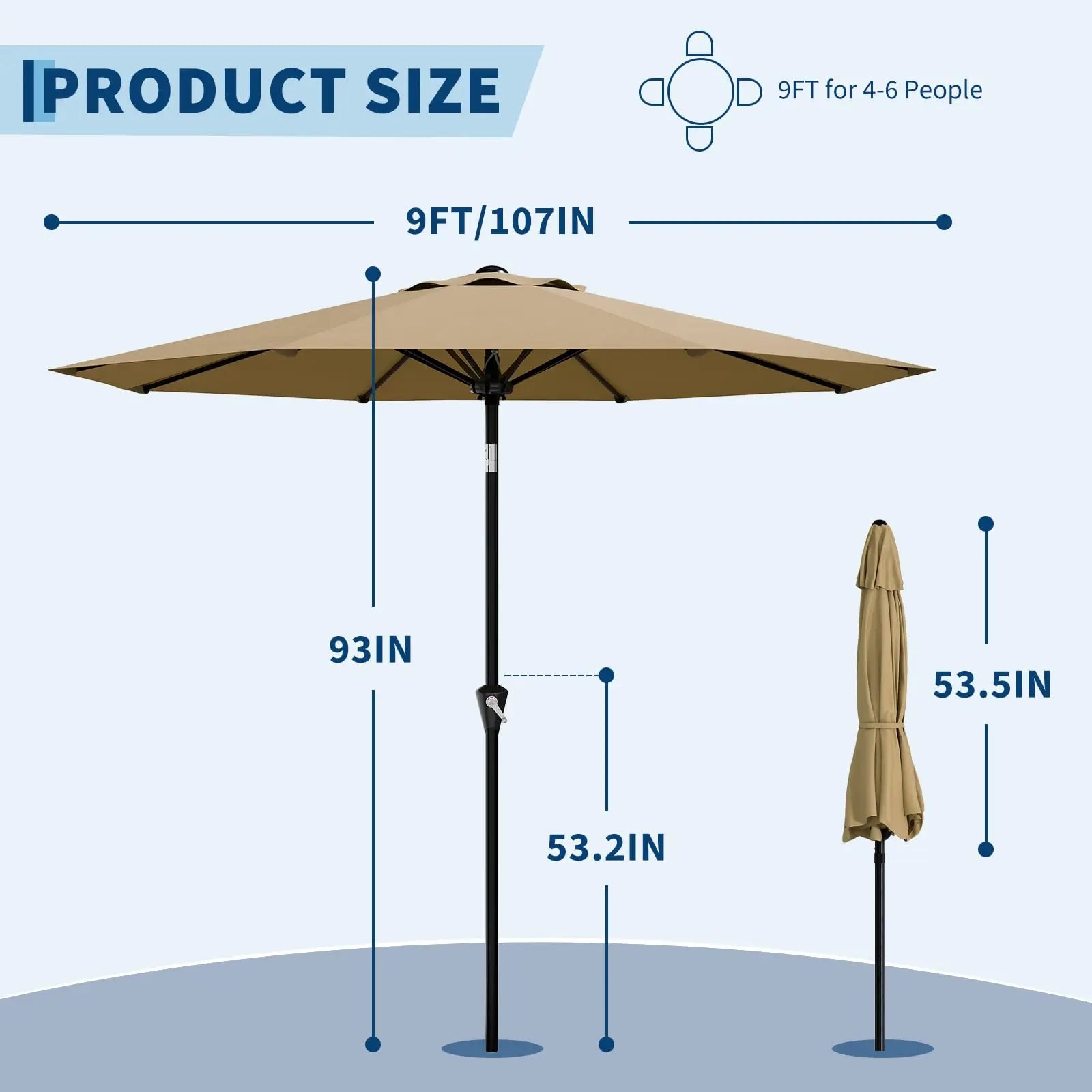 Nine Foot Patio Umbrella With Crank Tilt UV Protection For Outdoor Pool Deck