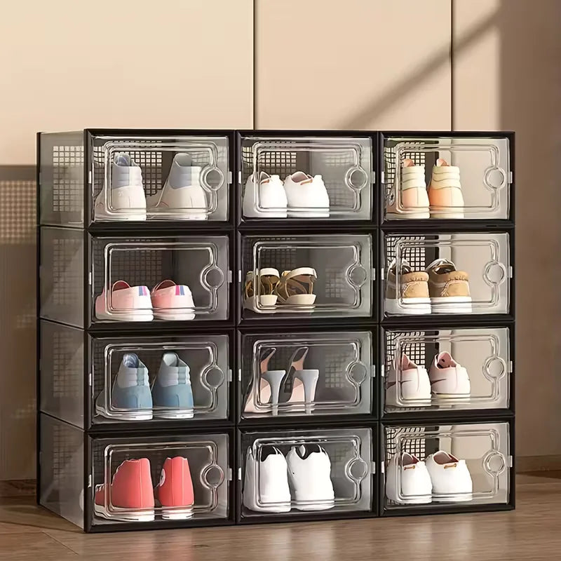 6/12/24 shoe box, thick transparent tape cover, foldable and stackable shoe rack, plastic sports shoe storage box, space saving