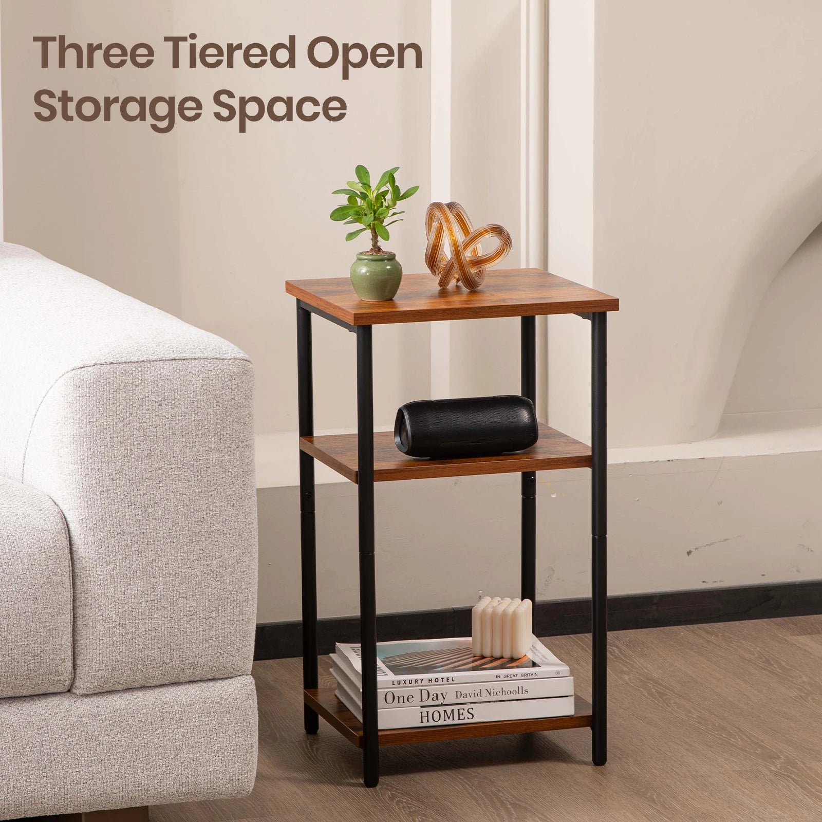 JHK 2/3-Tier End Table Side Tables with Adjustable Feet Small Nightstand Steel Frame Space-Saving for Bedroom Living Room Office