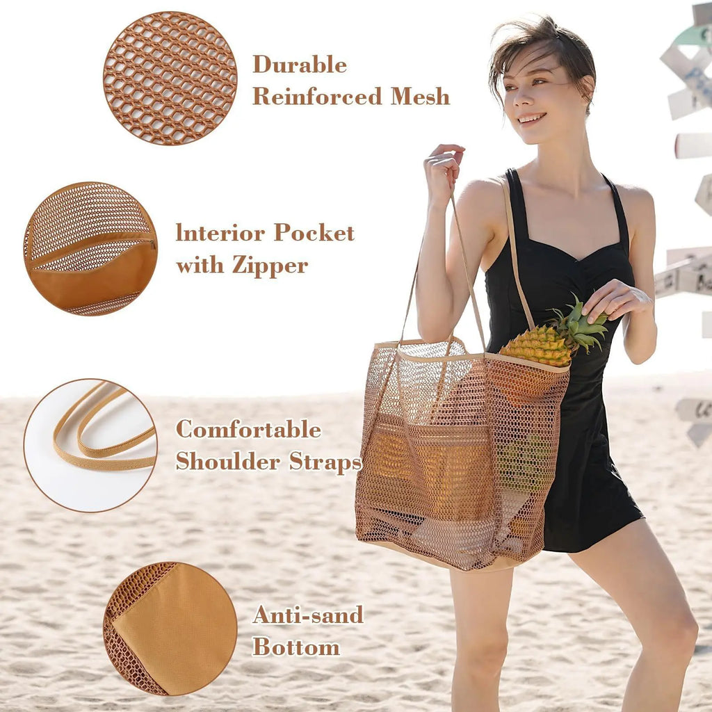 1pc Large Capacity Beach Bag Mesh Women's Single-shoulder Bag Foldable Travel Storage Bag Portable Shopping Bag Toiletry Bag