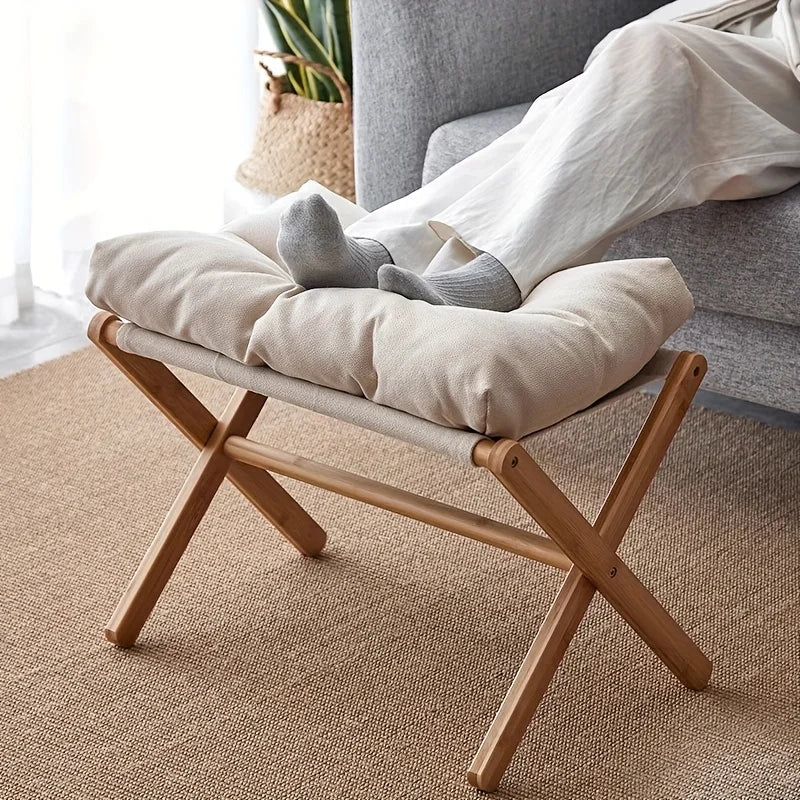 Bamboo Foldable Peddle with Soft Cushion Seat - Portable for Office and Home Use, Space Saving Design , Footstool Furniture