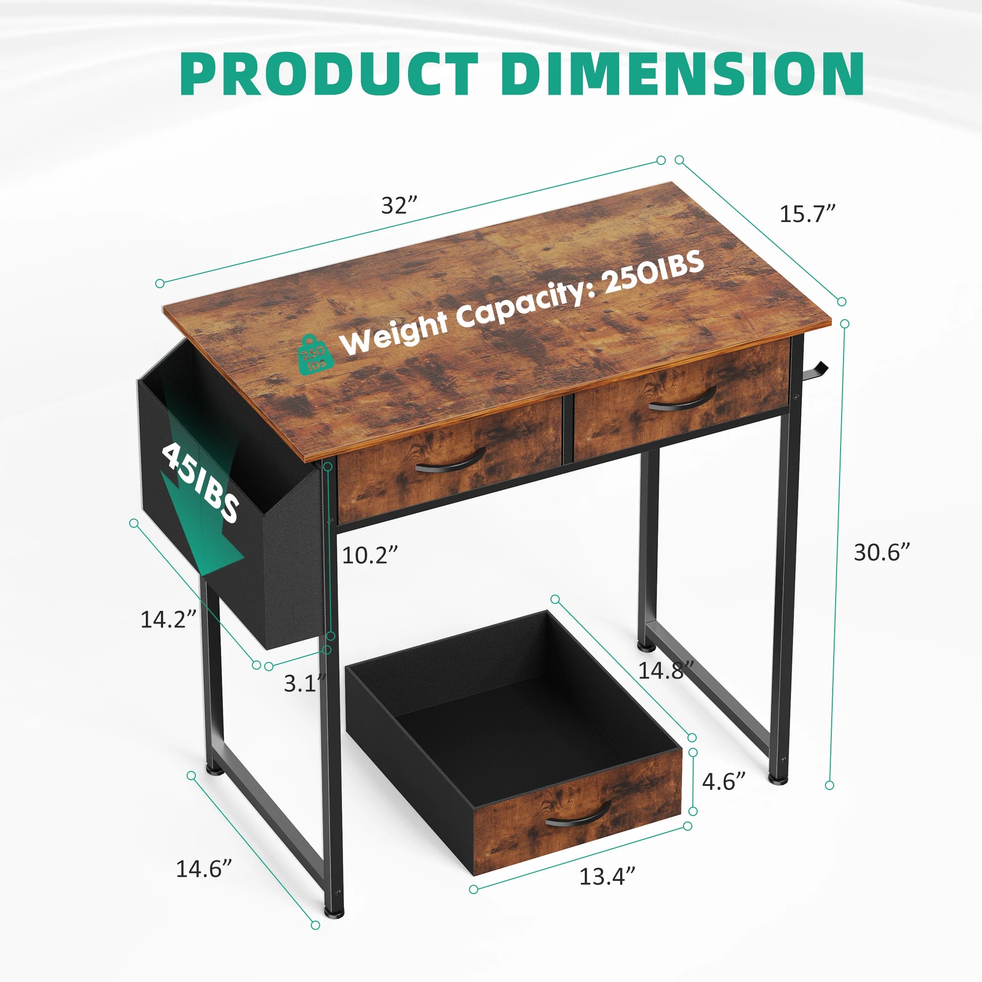 JHK Modern Office Computer Desk 32 Inch with Fabric Storage Drawers Space Side Bag Metal Frame Adjustable Feet For Home PC Table