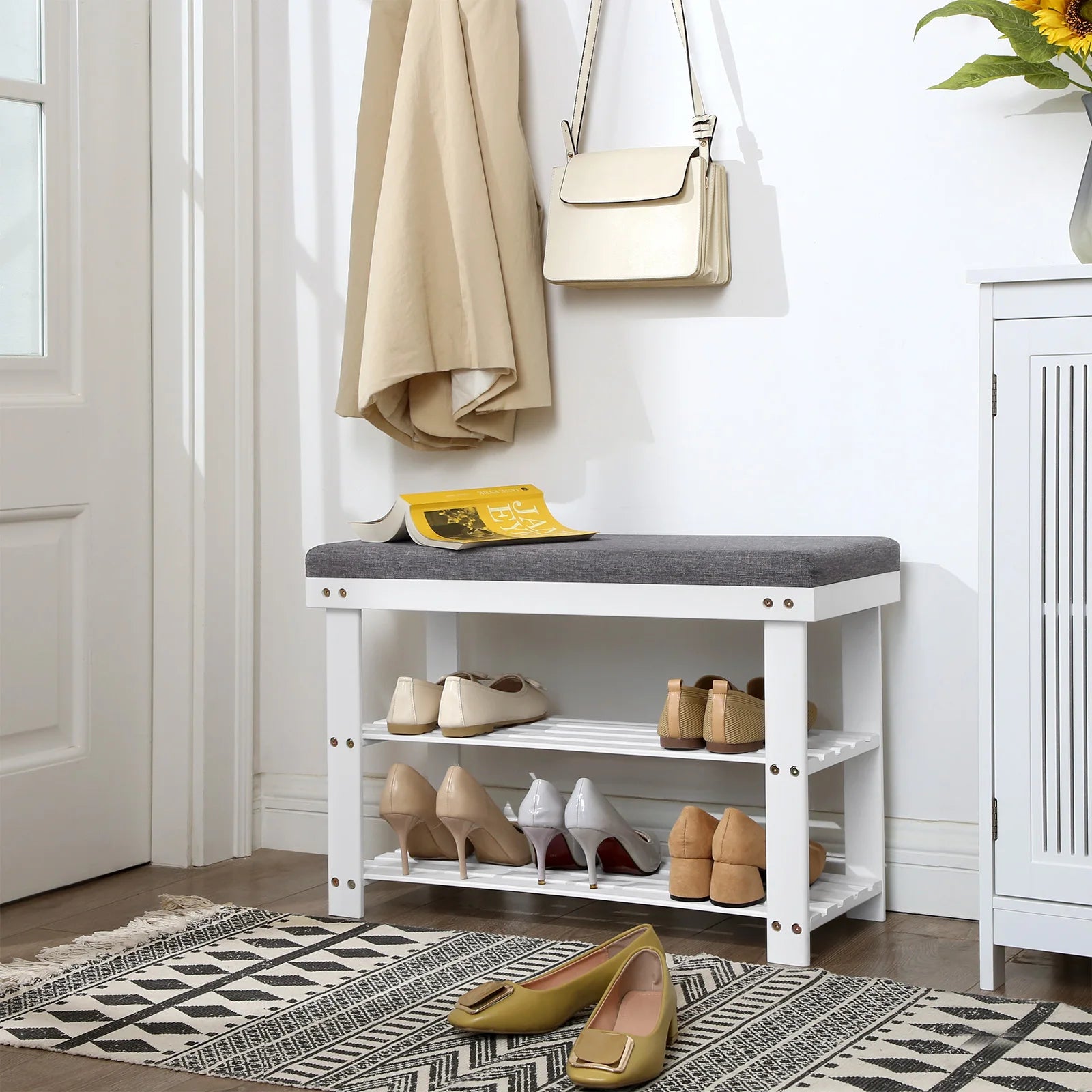 SONGMICS 3-Tier Bamboo Shoe Rack, Stable Shoe Organizer for Entryway & Living Room, Bench Seat Holds Up to 330 lb