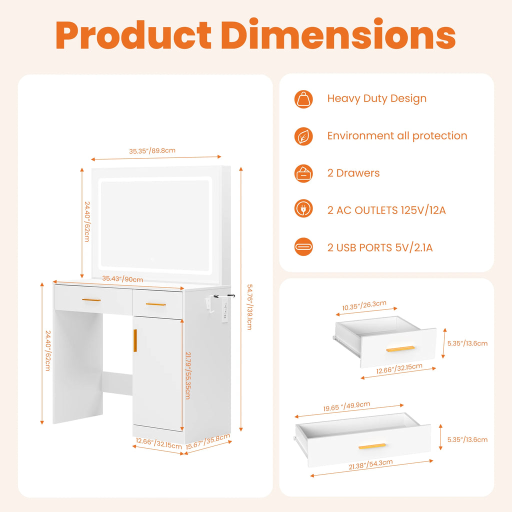 JHK Desser For Bedroom Vanity Desk with Mirror and Light Bulb or Strip LED Lights Adjustable Brightness with Charging Station