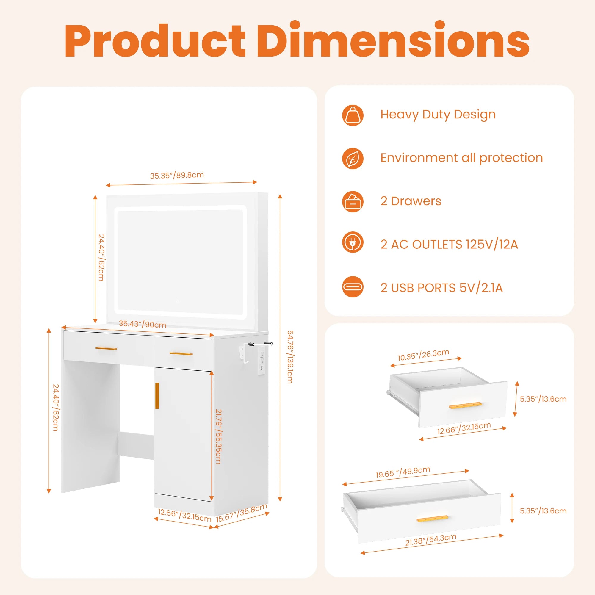 JHK Desser For Bedroom Vanity Desk with Mirror and Light Bulb or Strip LED Lights Adjustable Brightness with Charging Station