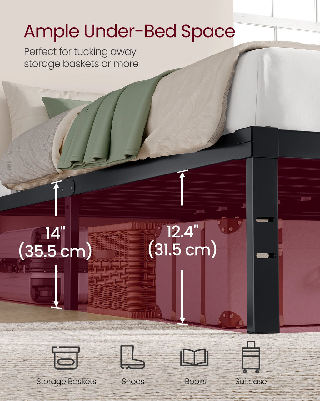 VASAGLE King Metal Bed Frame 14 Inches Tall, 1100 lb Weight Capacity, No Box Spring Needed, with Under-Bed Storage, Easy Setup,