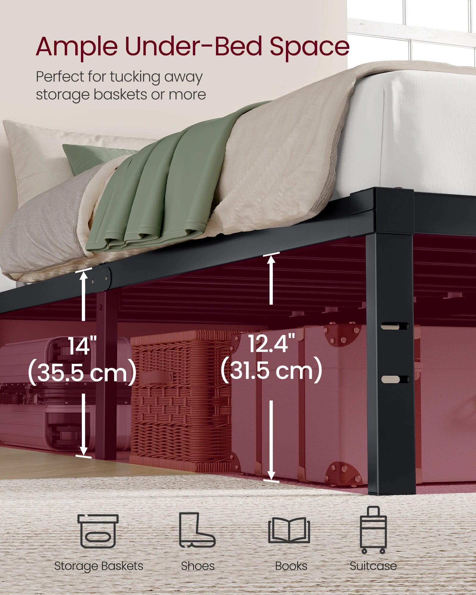 VASAGLE King Metal Bed Frame 14 Inches Tall, 1100 lb Weight Capacity, No Box Spring Needed, with Under-Bed Storage, Easy Setup,