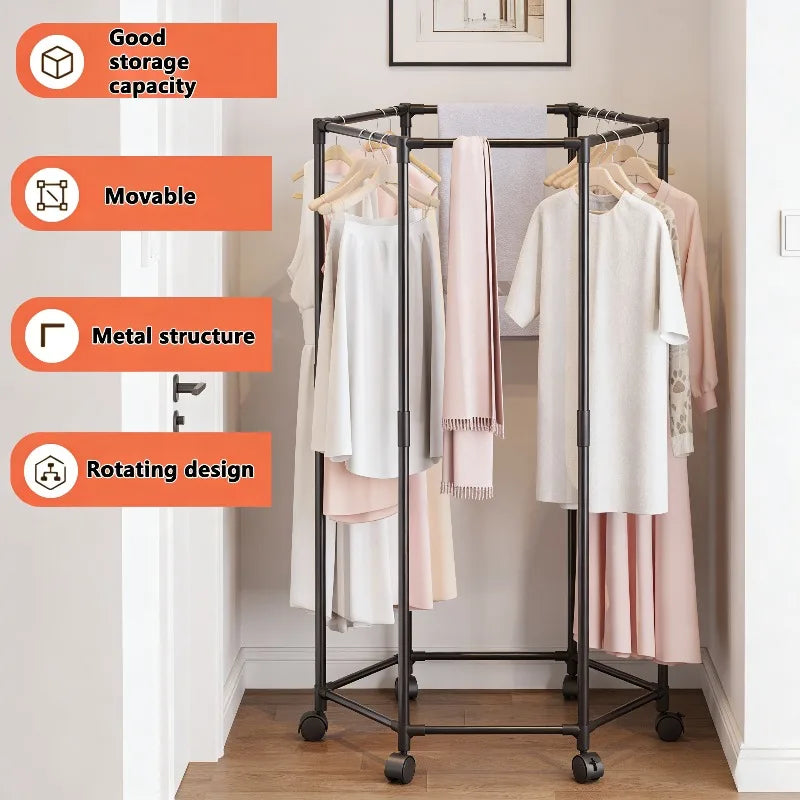 Mobile Metal Coat Rack with Wheels, Space Saving Clothes Drying Hanger Stand for Balcony Living Room Home