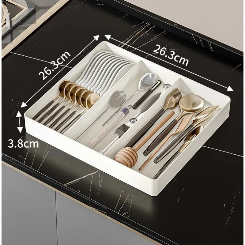 1pc Kitchen Drawer Retractable Storage Box Large-capacity Partitioning Storage Tray Home Tableware Knife Spoon Organizing Box