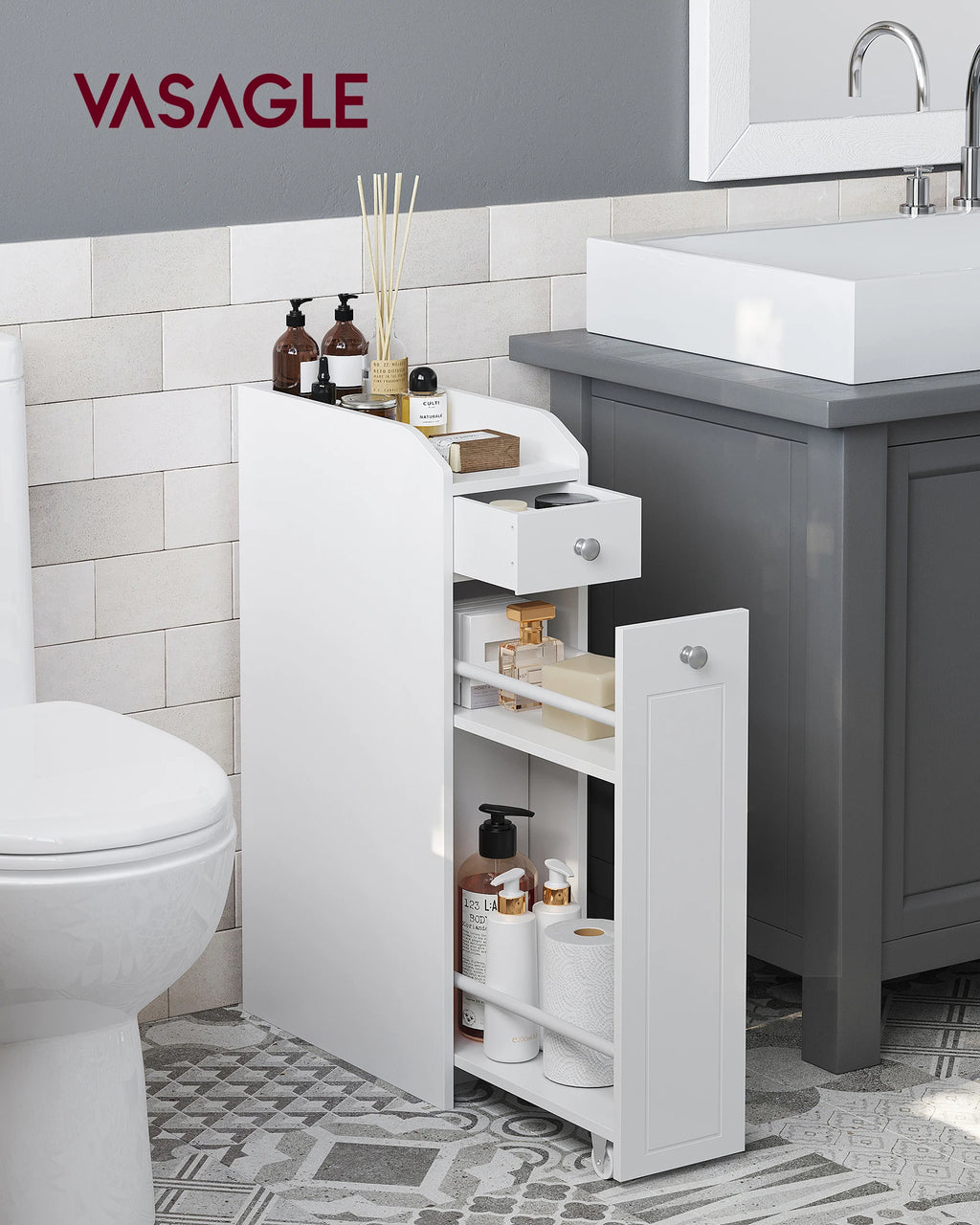 VASAGLE Slim Storage Cabinet, Narrow Storage Organizer with Slide Out Drawers, Freestanding Toilet Paper Holder, Small Space Ski