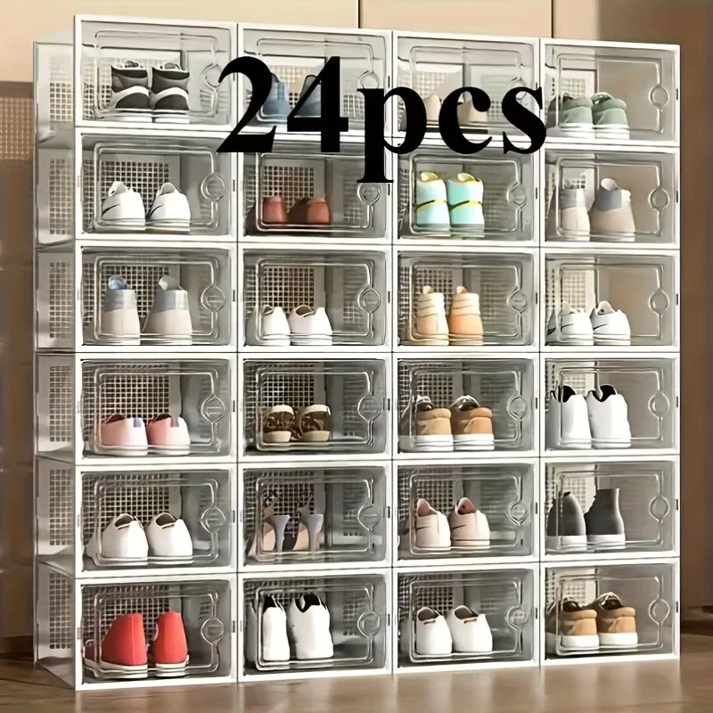 6/12/24 shoe box, thick transparent tape cover, foldable and stackable shoe rack, plastic sports shoe storage box, space saving