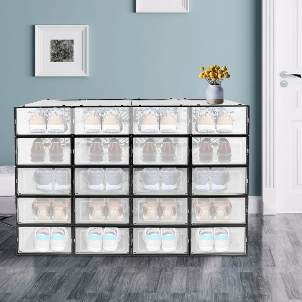 20 Pcs Shoe Storage Box Transparent PP Plastic Shoe Cabinet Moisture & Dust Proof Modern Organizer Black/White