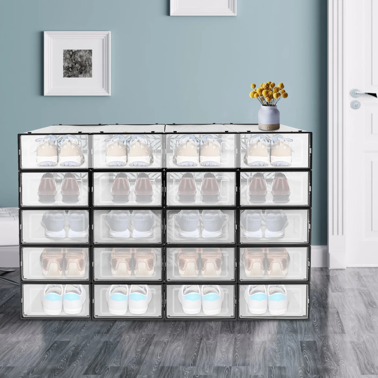 20 Pcs Shoe Storage Box Transparent PP Plastic Shoe Cabinet Moisture & Dust Proof Modern Organizer Black/White