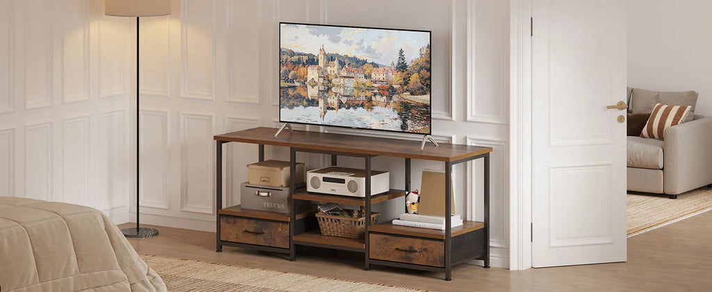 JHK 63IN Wooden Tv Stand For Up To 75 Inch TV Entertainment Center For Living Room Media Console Adjustable Shelf 2 Storage
